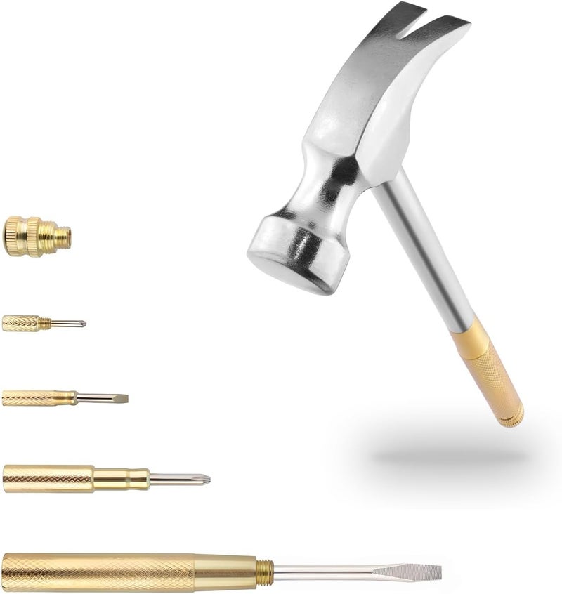 Kinobo Small Metal Hammer 6 in 1 with Slotted/Flat Head Phillips Screwdriver Claw Hammer Manual, Portable Multifunction Tool Hammer (Gold Silver) - Image 1